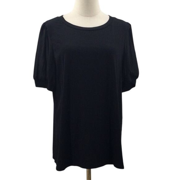 BLOOMCHIC 14-16 1X Plus Black Chiffon Patchwork Puff Sleeve T shirt NWT B88 - Picture 3 of 9